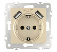 Розетка с заземлением и со шторкой и 2хUSB, без рамки Arte Milano am-206 206.47-1.shampan