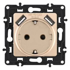 Розетка с заземлением и со шторкой и 2хUSB, без рамки Arte Milano am-217 217.47-1.shampan