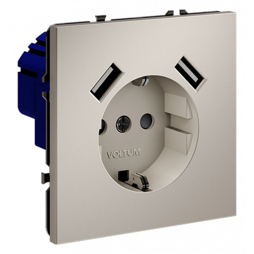 Розетка с заземлением и со шторкой и 2хUSB type A, без рамки Voltum S70 VLS040403