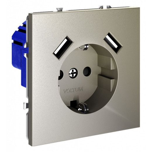 Розетка с заземлением и со шторкой и 2хUSB type A, без рамки Voltum S70 VLS040404