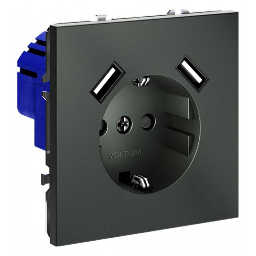 Розетка с заземлением и со шторкой и 2хUSB type A, без рамки Voltum S70 VLS040406