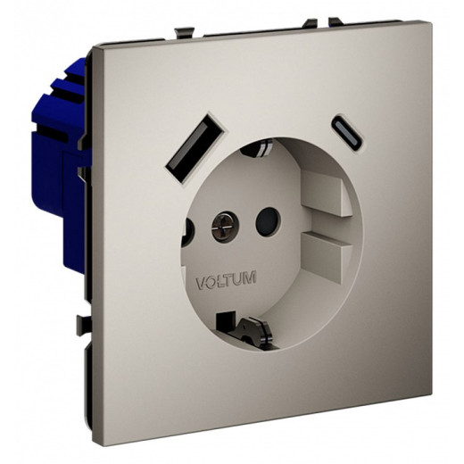Розетка с заземлением и со шторкой и 2хUSB type A и C, без рамки Voltum S70 VLS040503