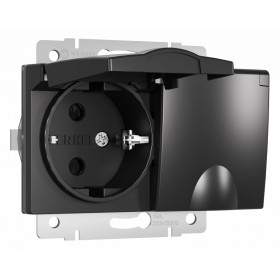 Розетка двойная влагозащищенная с заземлением и со шторками, без рамки с крышкой Werkel черный матовый W1172208
