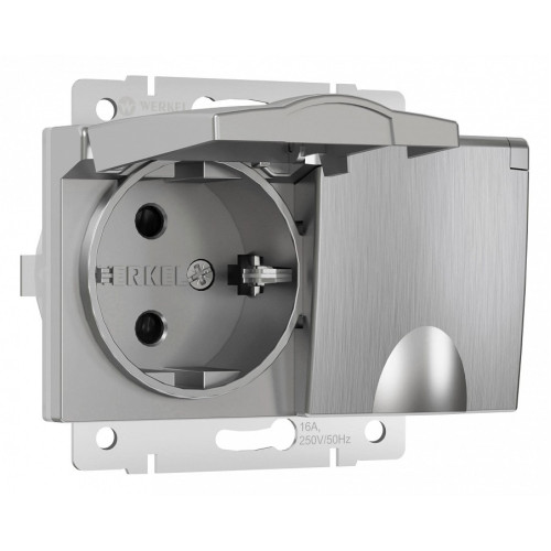 Розетка двойная влагозащищенная с заземлением и со шторками, без рамки с крышкой Werkel серебряный рифленый W1172209