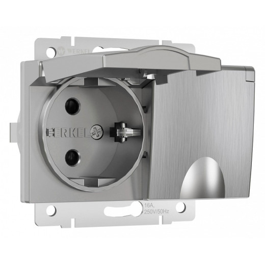 Розетка двойная влагозащищенная с заземлением и со шторками, без рамки с крышкой Werkel серебряный рифленый W1172209