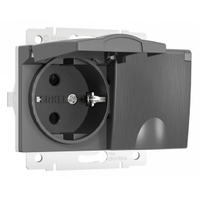 Розетка двойная влагозащищенная с заземлением и со шторками, без рамки с крышкой Werkel графит рифленый W1172204