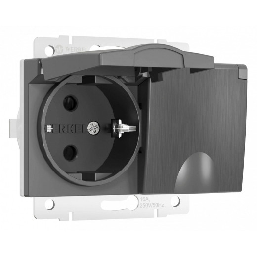 Розетка двойная влагозащищенная с заземлением и со шторками, без рамки с крышкой Werkel графит рифленый W1172204