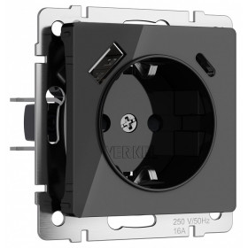 Розетка с заземлением и со шторками и 2хUSB, без рамки Werkel черный акрил W1171748
