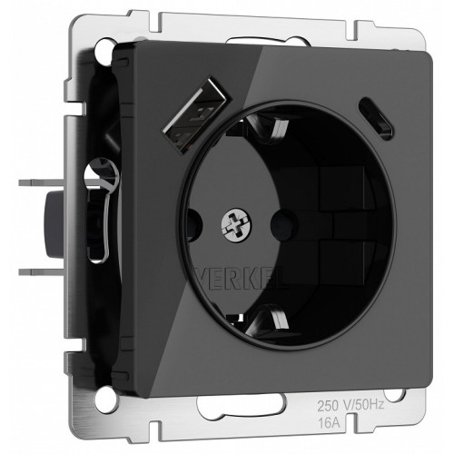 Розетка с заземлением и со шторками и 2хUSB, без рамки Werkel черный акрил W1171748