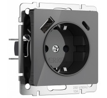 Розетка с заземлением и со шторками и 2хUSB, без рамки Werkel графит акрил W1171744