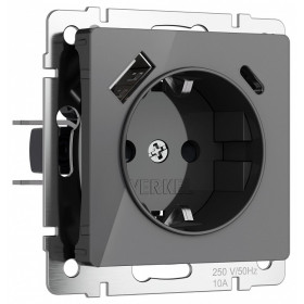 Розетка с заземлением и со шторками и 2хUSB, без рамки Werkel графит акрил W1171744