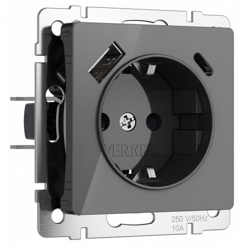 Розетка с заземлением и со шторками и 2хUSB, без рамки Werkel графит акрил W1171744