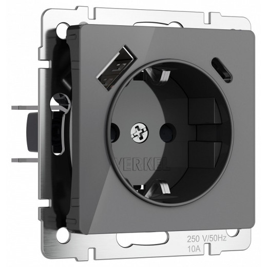 Розетка с заземлением и со шторками и 2хUSB, без рамки Werkel графит акрил W1171744