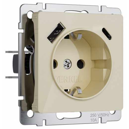 Розетка с заземлением и со шторками и 2хUSB, без рамки Werkel айвори акрил W1171743