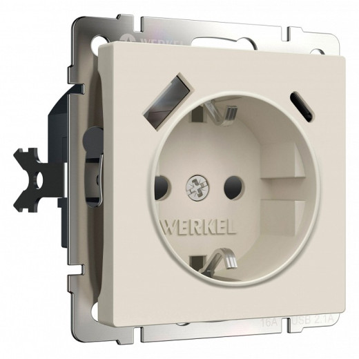 Розетка с заземлением и со шторкой и 2хUSB type A и C, без рамки Werkel айвори матовый W1171762