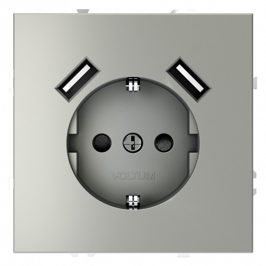 Розетка с заземлением и со шторкой и 2хUSB type A, без рамки Voltum S70 VLS040405