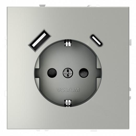 Розетка с заземлением и со шторкой и 2хUSB type A и C, без рамки Voltum S70 VLS040505