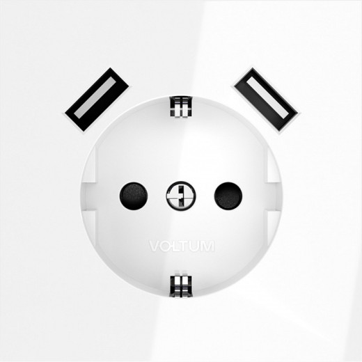Розетка с заземлением и со шторкой и 2хUSB type A, без рамки Voltum S70 VLS040401