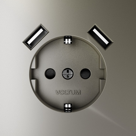 Розетка с заземлением и со шторкой и 2хUSB type A, без рамки Voltum S70 VLS040404