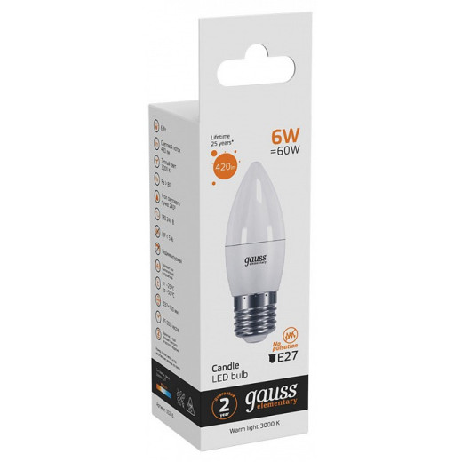 Лампа светодиодная Gauss Led Elementary Candle E27 6Вт 3000K 33216