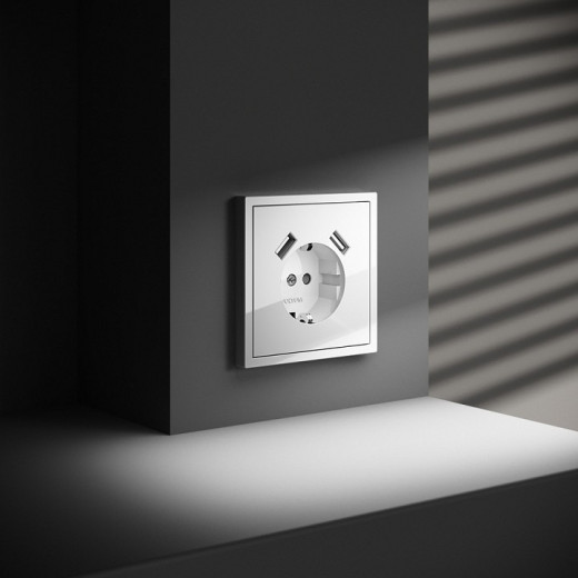Розетка с заземлением и со шторкой и 2хUSB type A, без рамки Voltum S70 VLS040401