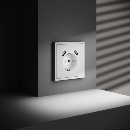 Розетка с заземлением и со шторкой и 2хUSB type A, без рамки Voltum S70 VLS040402