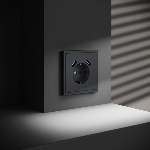 Розетка с заземлением и со шторкой и 2хUSB type A, без рамки Voltum S70 VLS040407