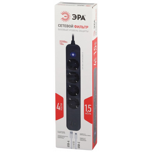 Удлинитель с выключателем Эра  USF-4es-1,5m-2xUSBAC-B