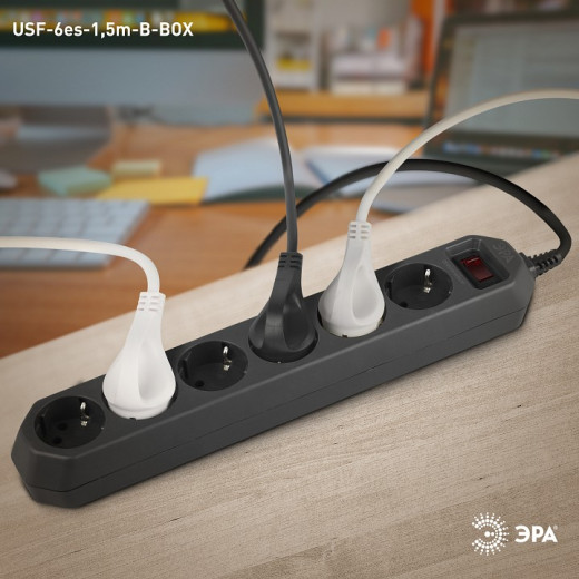 Удлинитель с выключателем Эра  USF-6es-1,5m-B-BOX