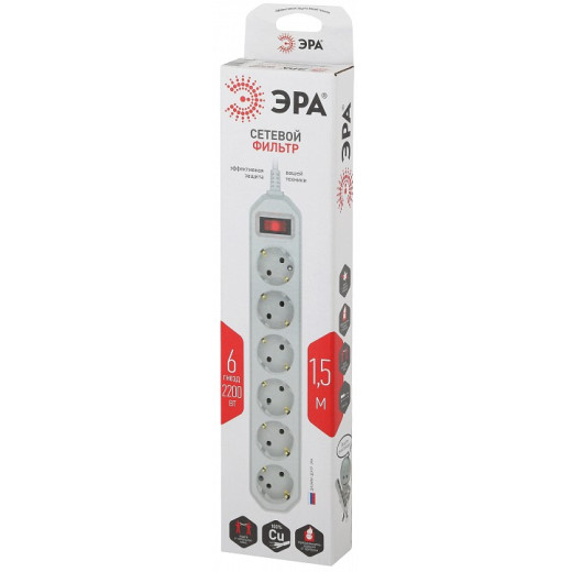 Удлинитель с выключателем Эра  USF-6es-1,5m-W-BOX