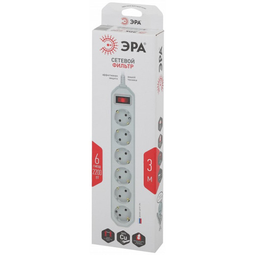 Удлинитель с выключателем Эра  USF-6es-3m-W-BOX