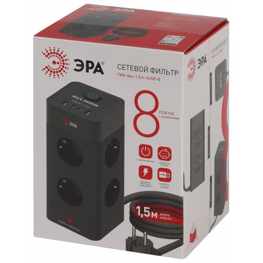 Сетевой фильтр Эра  TWR-8es-1,5m-4USB-B