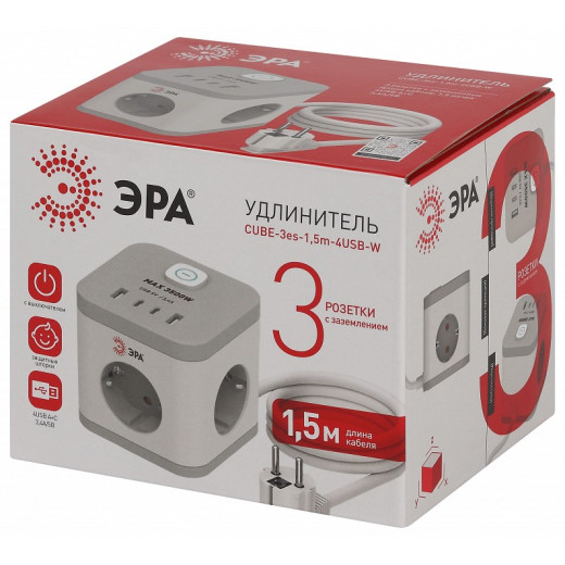 Удлинитель с выключателем Эра  CUBE-3es-1,5m-4USB-W