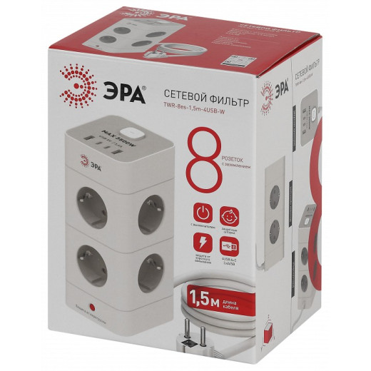 Сетевой фильтр Эра  TWR-8es-1,5m-4USB-W