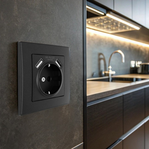 Розетка с заземлением и со шторкой и 2хUSB Arte Milano SET06-1 SET06-1-47-1 black
