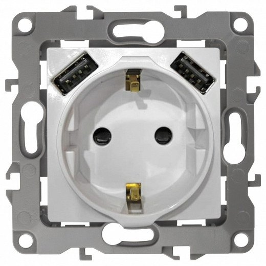Розетка с заземлением и со шторкой и 2хUSB, без рамки Эра Эра Elegance 14-4109-05