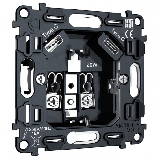 Механизм розетки с заземлением и 2хUSB type C Ambrella Volt QUANT VM165
