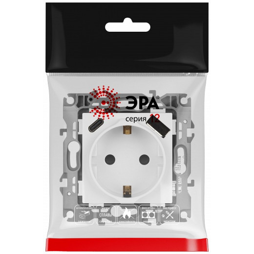 Розетка с заземлением и со шторкой и 2хUSB, без рамки Эра Эра 12 12-4108-01