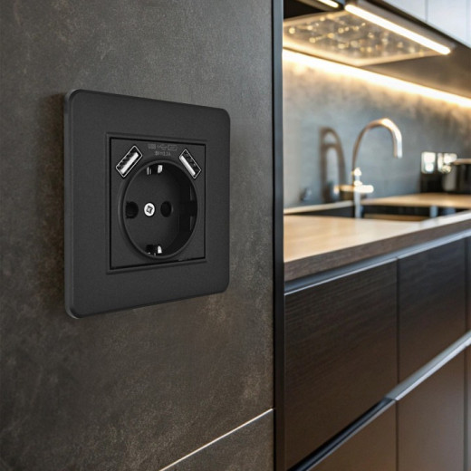 Розетка с заземлением и со шторкой и 2хUSB Arte Milano SET16-1 SET16-1-47-1 black