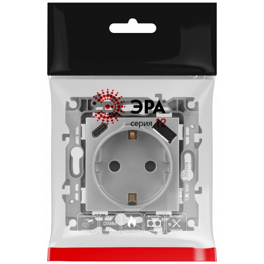 Розетка с заземлением и со шторкой и 2хUSB, без рамки Эра Эра 12 12-4108-03