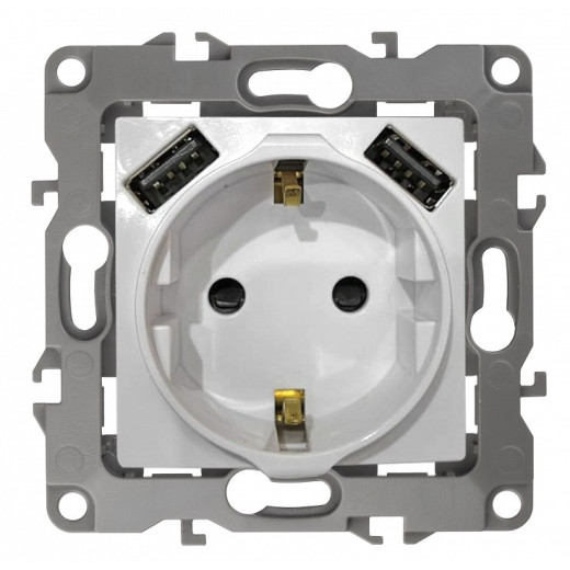 Розетка с заземлением и со шторкой и 2хUSB, без рамки Эра Эра 12 12-4109-01
