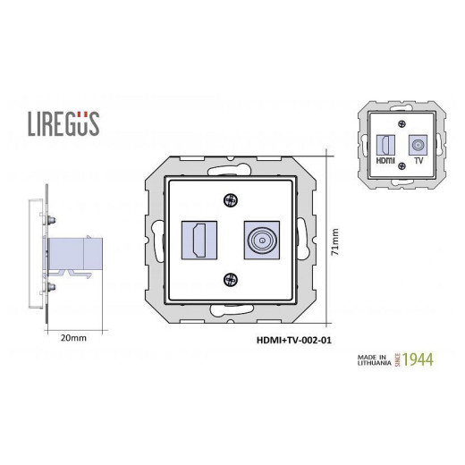 ТВ-розетка и розетка HDMI без рамки LIREGUS EPSILON 28-1132