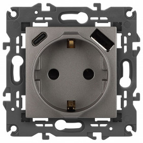 Розетка с заземлением и со шторкой и 2хUSB, без рамки Эра Эра Elegance 14-4108-16