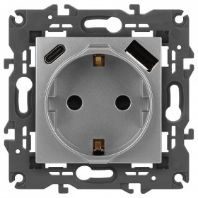 Розетка с заземлением и со шторкой и 2хUSB, без рамки Эра Эра Elegance 14-4108-03