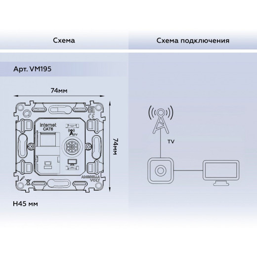 Механизм ТВ-розетки оконечные и розетки Ethernet RJ-45 со шторкам Ambrella Volt QUANT VM195