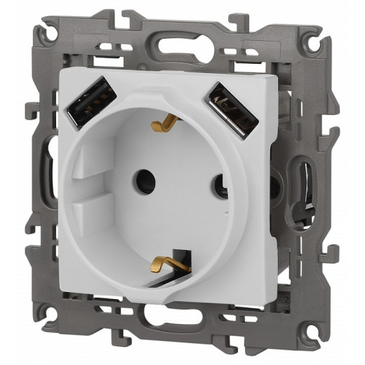 Розетка с заземлением и со шторкой и 2хUSB, без рамки Эра Эра Elegance 14-4109-01М