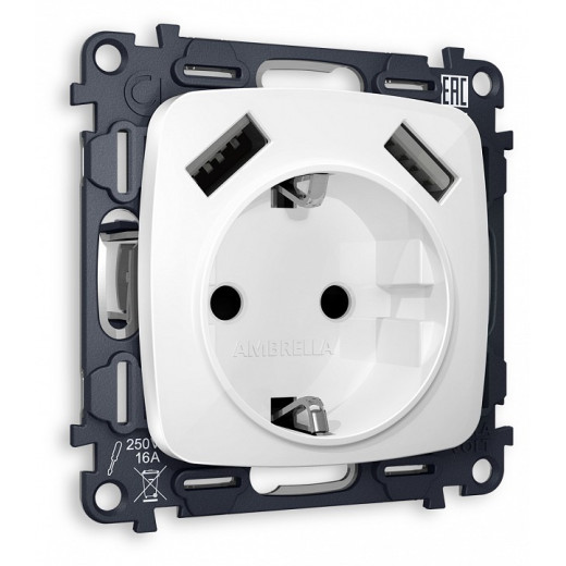 Розетка с заземлением и 2хUSB type A, без рамки Ambrella Volt MO MO109010
