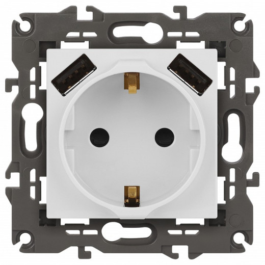 Розетка с заземлением и со шторкой и 2хUSB, без рамки Эра Эра Elegance 14-4109-01М