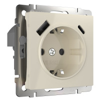Розетка с заземлением, шторками и USB тип A+C (слоновая кость) W1171703