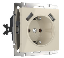 Розетка с заземлением, шторками и USBх2 (слоновая кость) W1171503